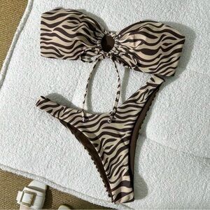 Medium brown and light brown zebra print strapless bikini set